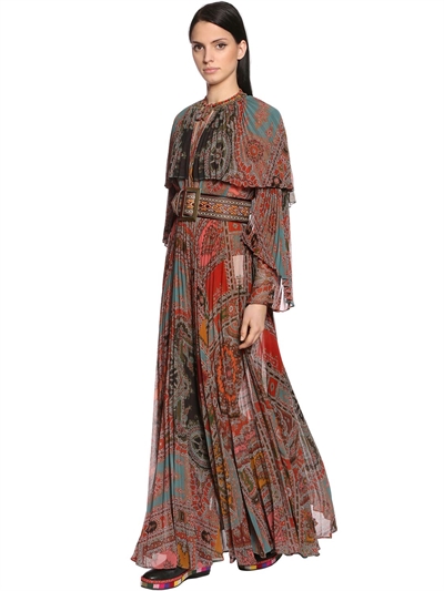 Etro Cape-back Pleated Printed Georgette Maxi Dress In Multicolor