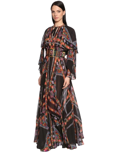Etro Cape-effect Printed Plissé Silk-chiffon Gown In Black