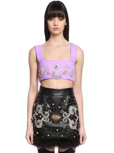 Fausto Puglisi Embellished Wool Crepe Crop Top In Orchid