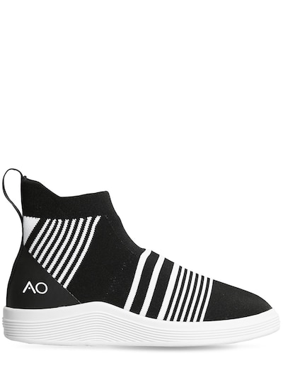 Adno Striped Knit Slip-on Mid Top Trainers In Black,white