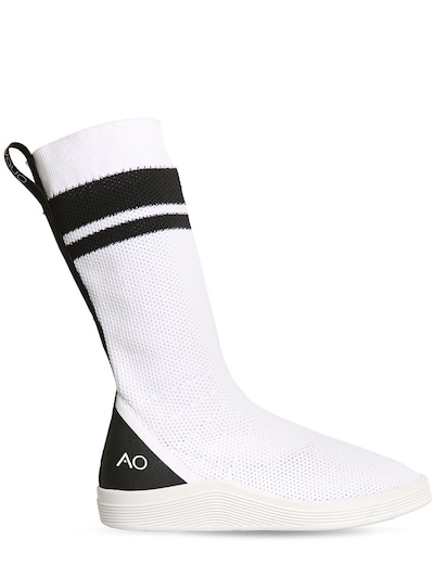 Adno Striped Knit Slip-on High Top Sneakers In White,black