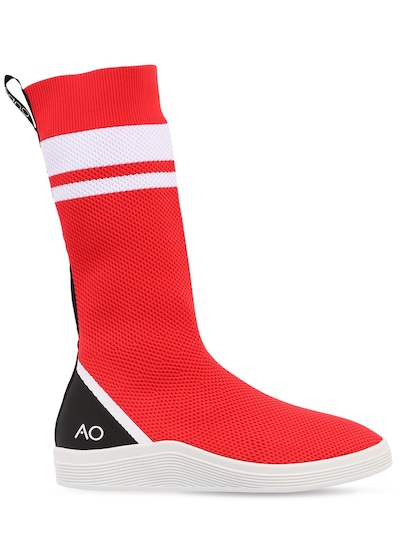 Adno Striped Knit Slip-on High Top Sneakers In White,black