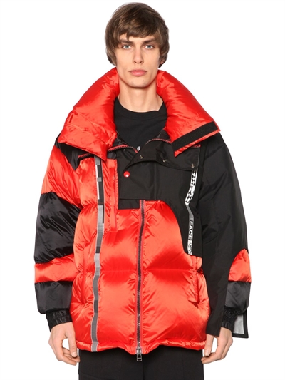 Facetasm Patchwork Nylon Down Jacket In Black/orange