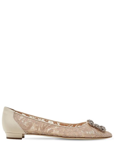 Manolo Blahnik 10mm Hangisi Lace Flats In Nude