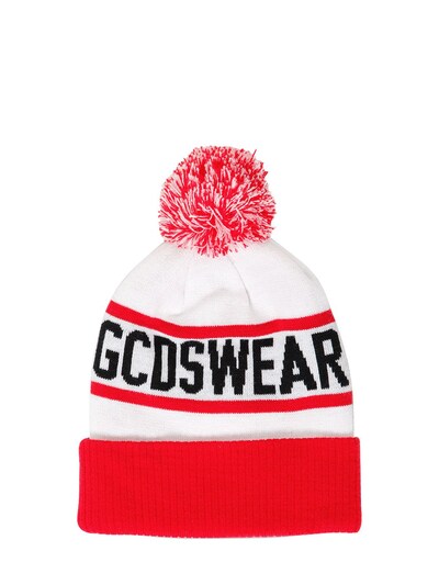 Gcds Logo Jacquard Knit Beanie W/ Pompom, White/red