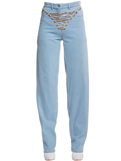 Y/project Cotton Denim Jeans W/ Lace-up Chains In Light Blue