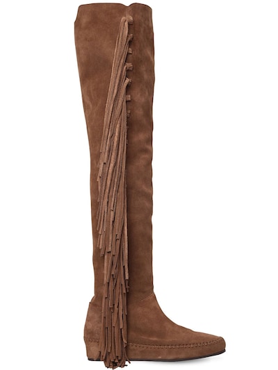 Etro 30mm Fringed Suede Over The Knee Boots, Brown In Brown