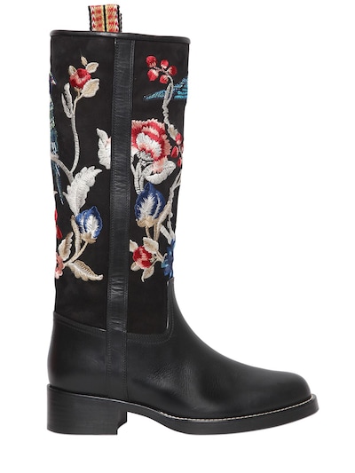 ETRO 30MM EMBROIDERED SUEDE & LEATHER BOOTS, BLACK/MULTI,66IWAV004-MDAwMQ2