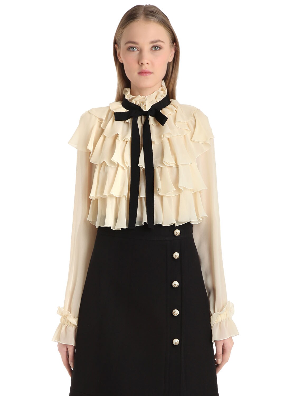 RUFFLED SILK GEORGETTE SHIRT WITH BOW